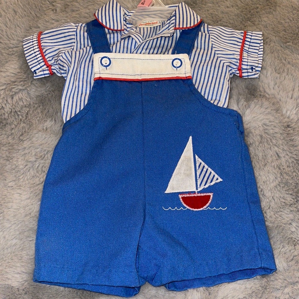 Vintage HealthTex Baby Boy Outfit Set 3/6M Overalls Shorts Sail Boat Nautical